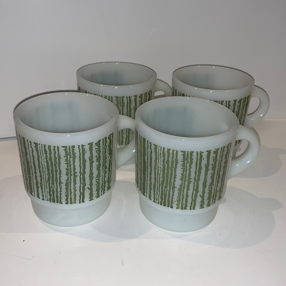 Fire King Green Bar Code Milk Glass Stacking Mugs, Vtg 1970's, by Anchor Hocking - Picture 3 of 7